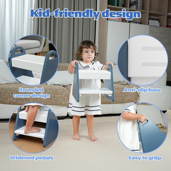 Toddler Step Stool for Kids Safe Wooden Two-Step Stool w/ Handles, Non-Slip,Blue - Picture 2 of 7